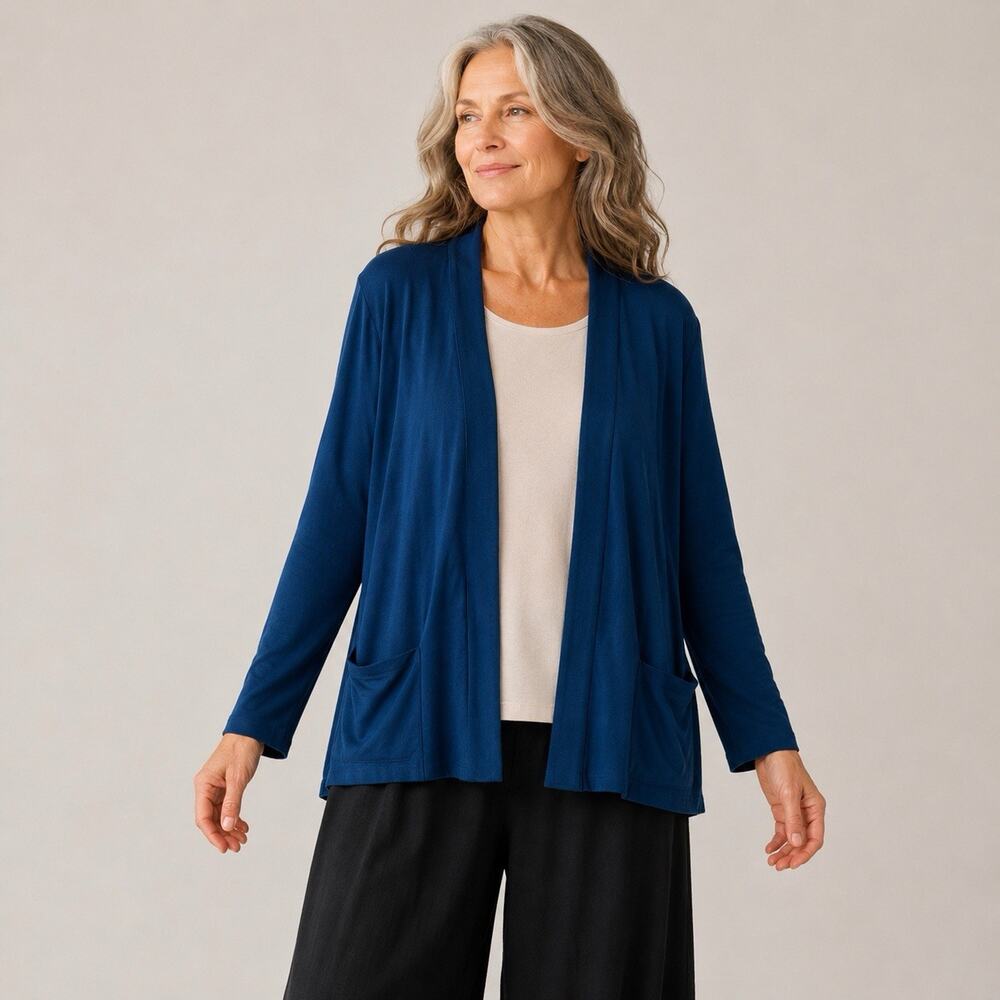 Habitat Clothing Open Cardigan XL Blue Stretchy Peplum Back Shrug Minimalist